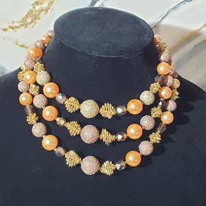 Three Layered Strand Beaded Fall Colors Golden Leaf Clasp Necklace